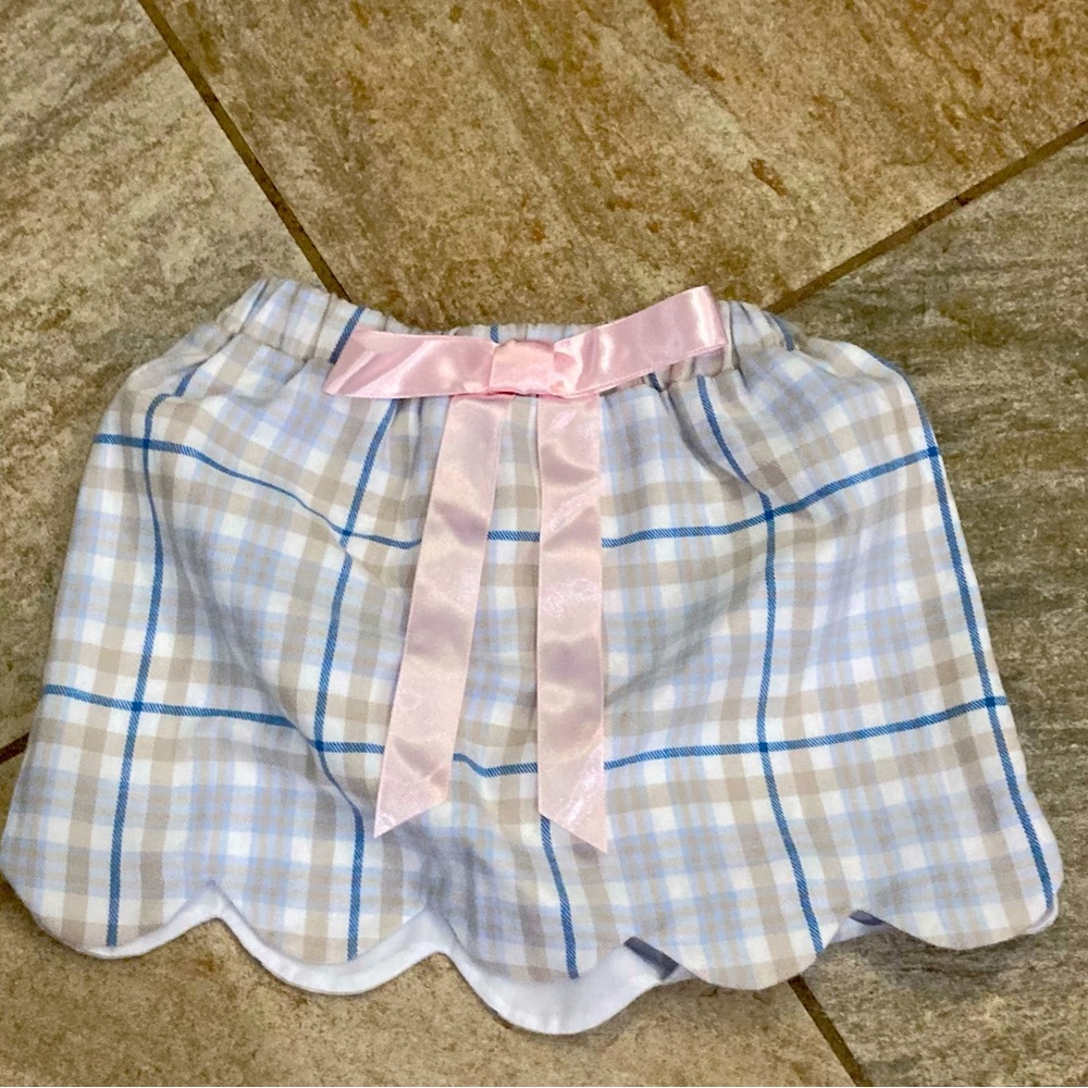Lullaby Set blue white tan plaid skirt scalloped bottom 2T Pink ribbon NWT